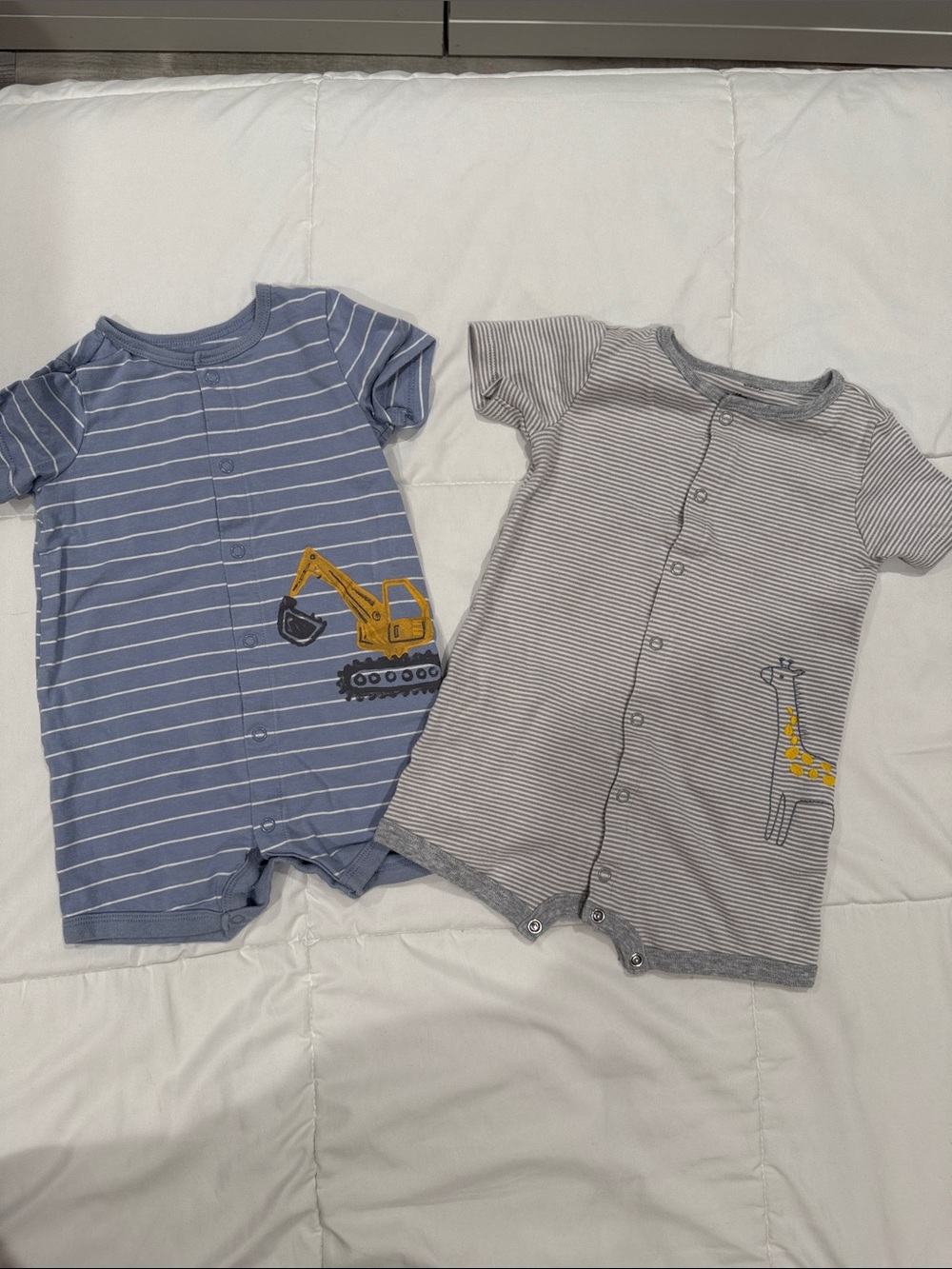 Carter's Blue & Gray Striped Baby One-Piece Bodysuits with Excavator and Giraffe